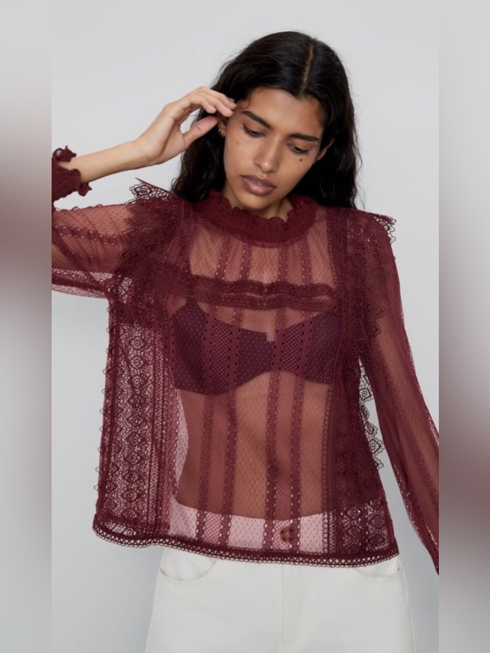 ZARA Burgundy Sheer Lace Blouse – Romantic High Neck Mesh Top.